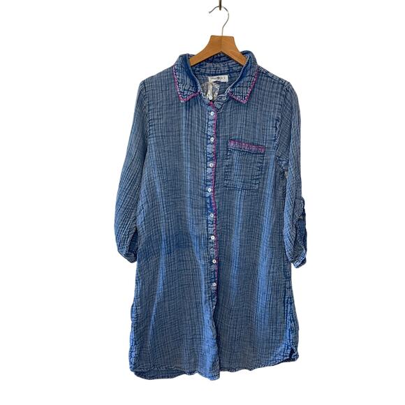 Natural Life Washed Blue Cotton Long Sleeve Button Up Boho Mini Shirt Dress Smal - Picture 1 of 11